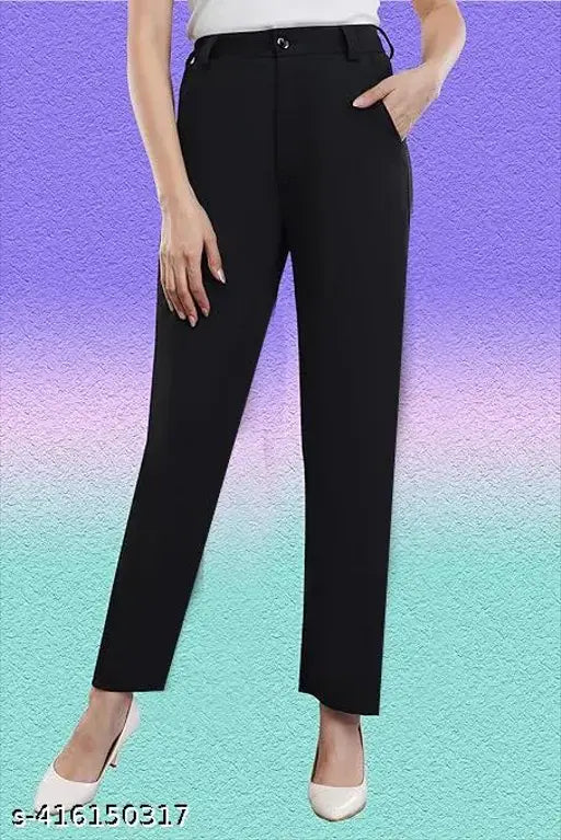 Black formal women's trousers. High-waisted, long pants, zipper closure