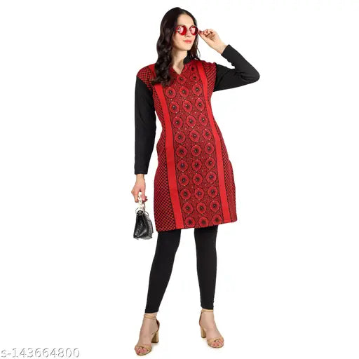 Woolen black and red paisley patterned kurta and cardigan combo for winter