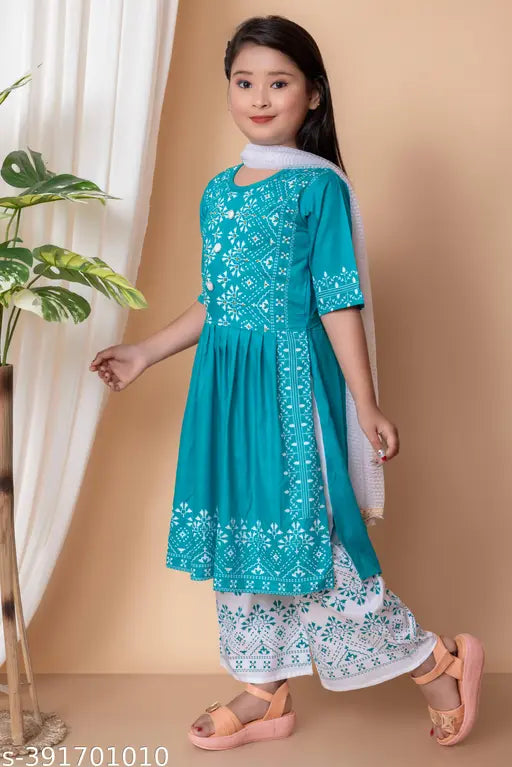Embroidered rayon palazzo sets for girls, featuring printed naira design. Available in sizes 1-2 years to 9-10 years. Made in India