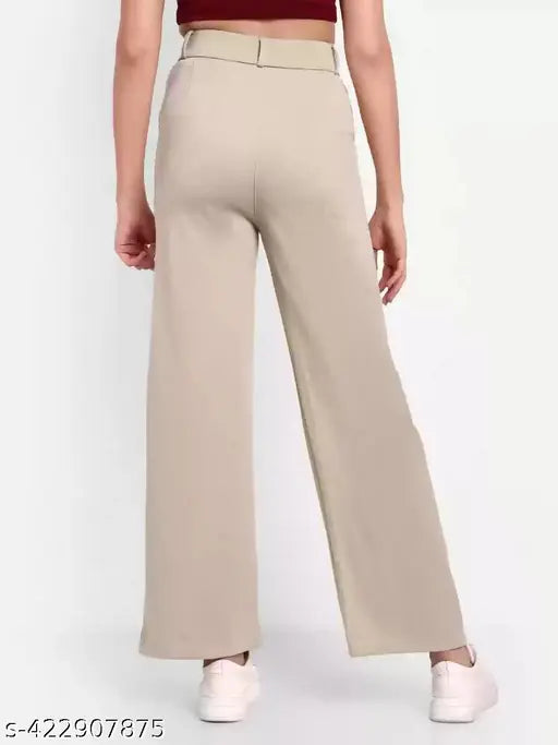 Tan high-waisted wide-leg trousers, solid fit for women