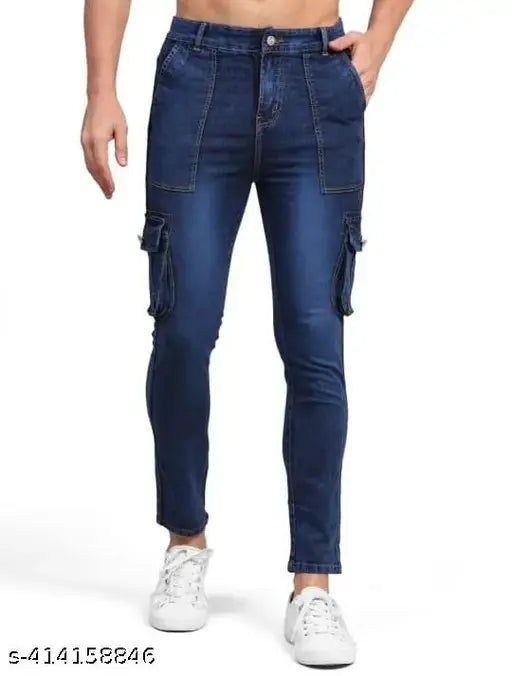 Blue denim six-pocket cargo jeans for men, solid pattern, sizes 28, 30, 32, 34, 36 (waist 28-36, length 39in, hip 36-44in), made in India