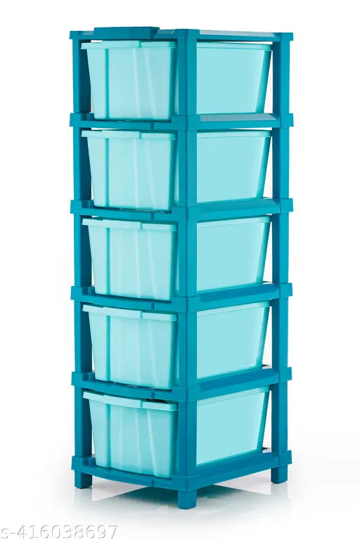 Blue plastic storage containers, modular design, 5 x long, lid on top