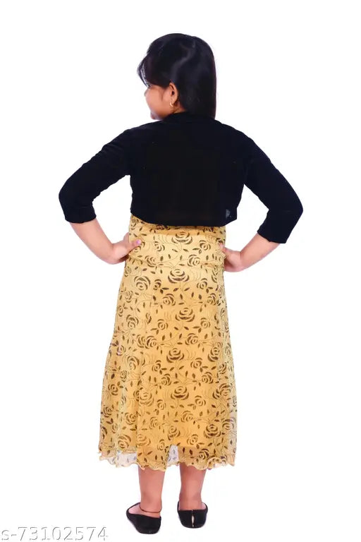 Girl in mid-action, yellow and black patterned skirt