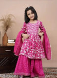 Rayon anarkali girls kurta set with sharara bottom and dupatta, pink and printed, three-quarter sleeves, size 5-6 years