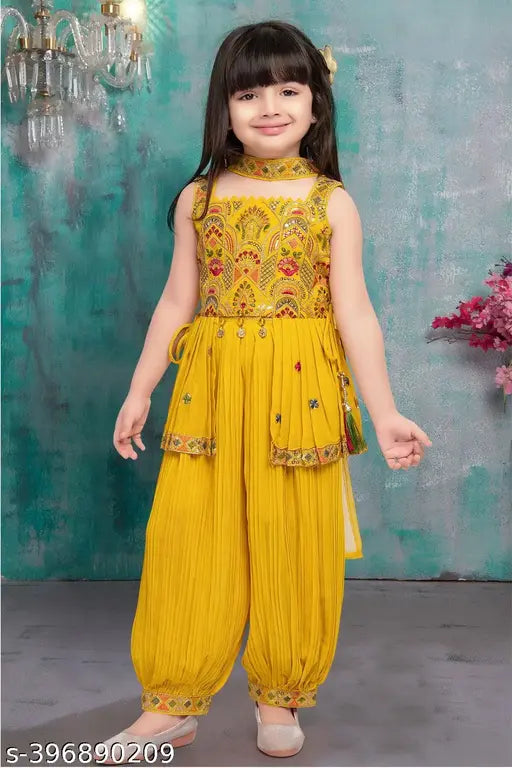 Sunflower Yellow crepe kurta with dupatta set, embellished and sleeveless for kids aged 2-11 years, Indian origin