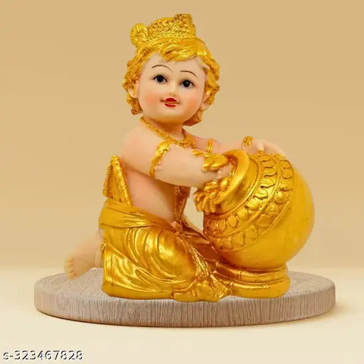 Handcrafted golden Krishna statue (L 11 x H 14 cm), intricately detailed Indian polyresin figurine, perfect home decor or spiritual showpiece