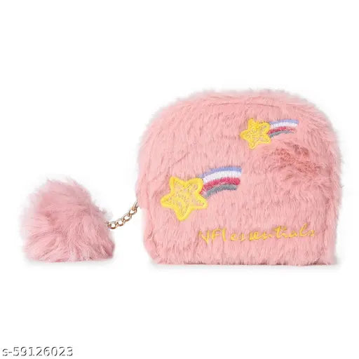 A small soft fur clutch wallet with a zipper closure, featuring stars and text, designed for women