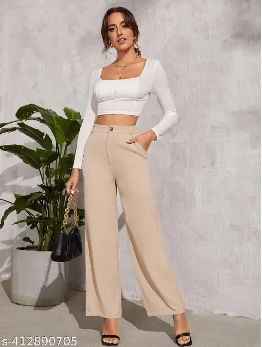 Light brown straight-fit casual trousers for women, girls