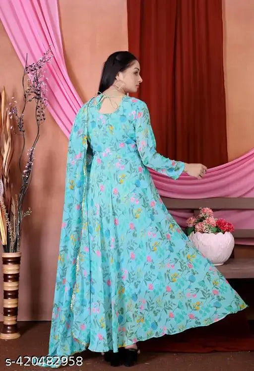 Indian printed Georgette Anarkali gown with dupatta, women's floor-length kurti in three-quarter sleeves