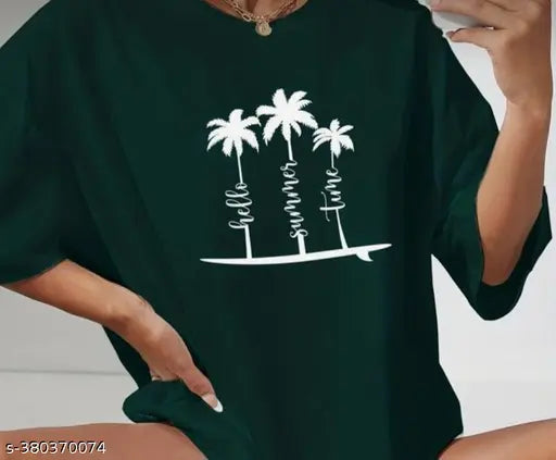 Women's oversized t-shirt, black material, with palm tree design on front, trendy style