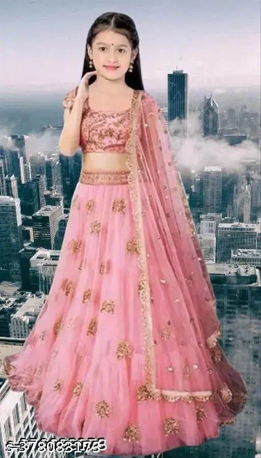 Girls' net blue lehenga-choli pack of 1 for wedding, with embroidered design and short sleeves. [Color: Blue][Material: Net][Product Type: Lehenga Choli Pack]