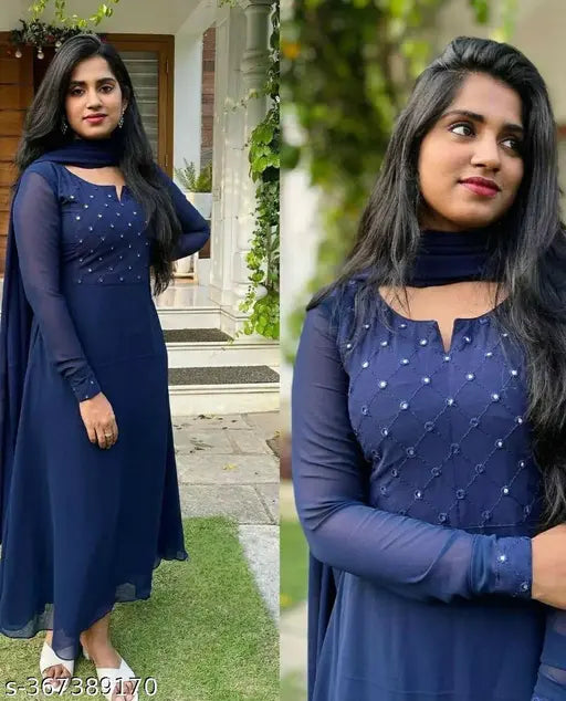 Embellished Georgette embroidered designer dress with dupatta, heavy fox georgette fabric, long sleeves, micro cotton inner, mirror work detail. Indian handcrafted formal wear, size M-XXXL