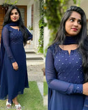 Embellished Georgette embroidered designer dress with dupatta, heavy fox georgette fabric, long sleeves, micro cotton inner, mirror work detail. Indian handcrafted formal wear, size M-XXXL