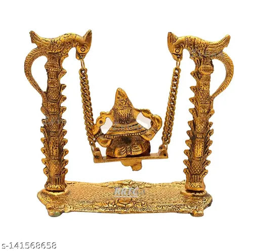 Golden brass antique finish Ganesh Jhula Swing statue on peacock swing, handcrafted Indian Ganesha idol for home decor and spiritual gifts