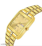 Gold analog quartz watch with gold plated strap, square dial, day and date function