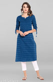 Women's blue kurta set with long sleeves, side pockets, and fringe details