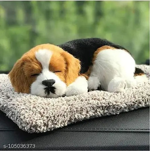 Brown & white polyresin Ubom sleeping cute dog for car dashboard and home decor, with activated carbon showpiece - great gift for pet lovers