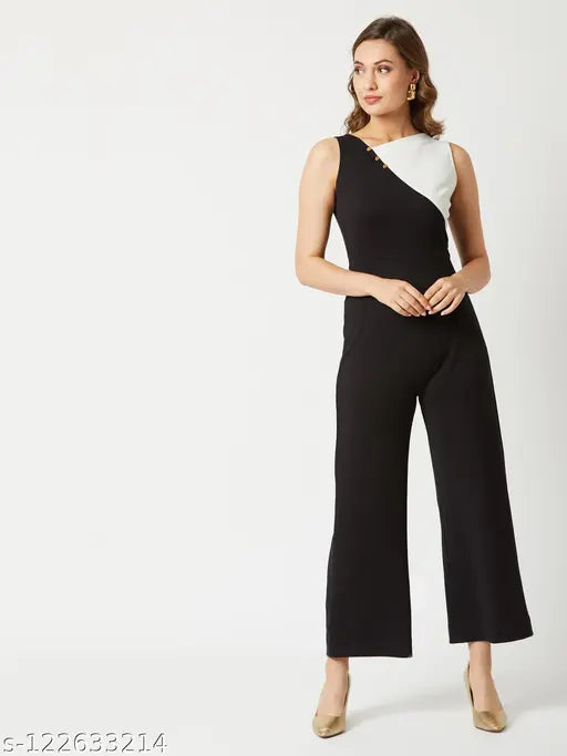 Multicolor polyester jumpsuit with off-white and black knit, sleeveless design, asymmetrical neckline, golden show buttons, and zip closure - Miss Chase Women's Solid Stylised Jumpsuit, India origin
