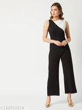 Multicolor polyester jumpsuit with off-white and black knit, sleeveless design, asymmetrical neckline, golden show buttons, and zip closure - Miss Chase Women's Solid Stylised Jumpsuit, India origin