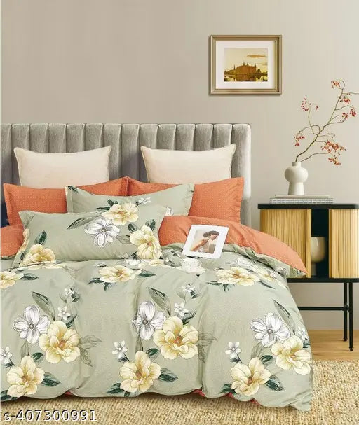 Glace cotton king-sized, floral printed, superfine fitted bedsheet with two pillow covers for up to 8-inch mattresses, ideal for summer