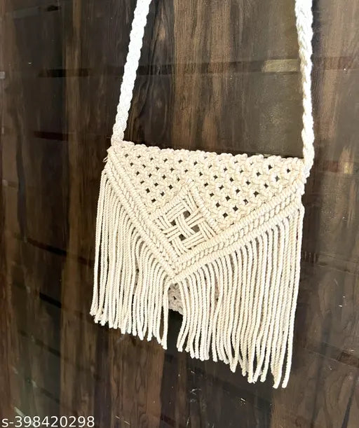 Cotton macramé purse with tassels and zipper crossbody sling bag