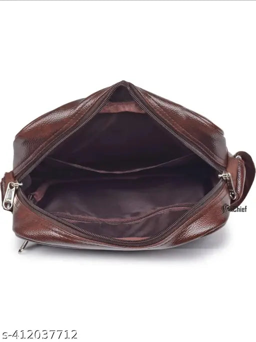Brown synthetic leather crossbody sling bag, casual style, multiple pockets and card slots, for men