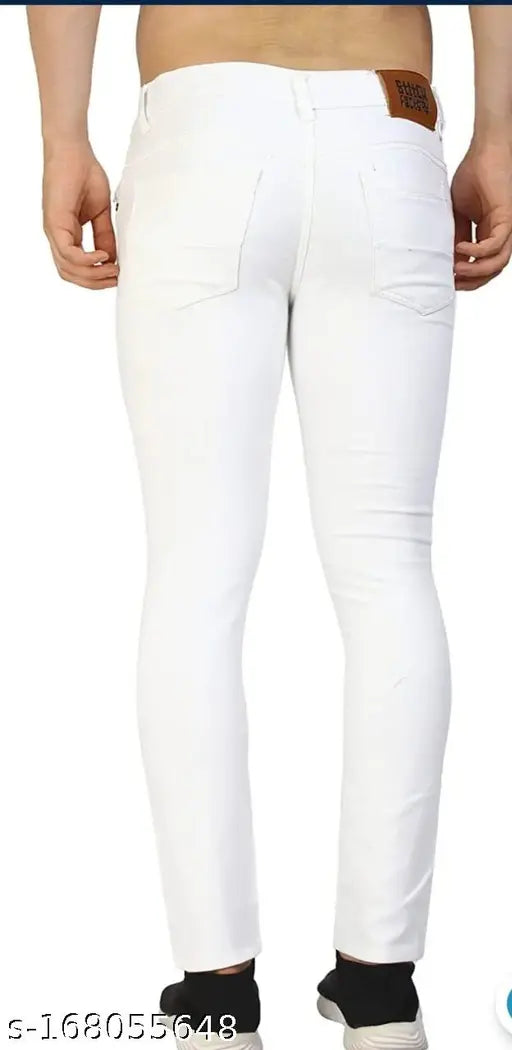 White denim men's knee-cut jeans, solid pattern, size 28 (waist 28in, length 39in), made in India