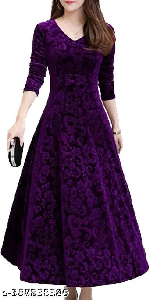 Purple velvet midi dress with V-neck and flared skirt