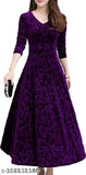 Purple velvet midi dress with V-neck and flared skirt