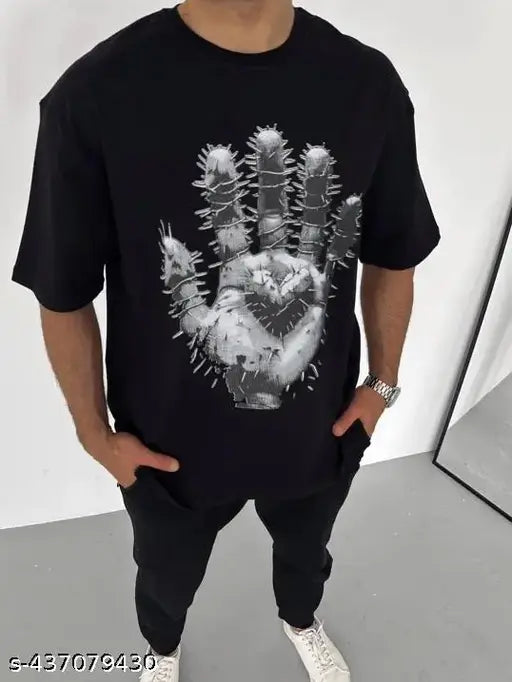 Oversized men's cotton t-shirt, vibrant black color, loose fit and half sleeves - perfect for casual wear and layering