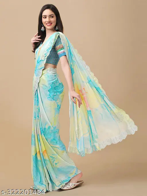 Sky Blue Multi Shibori Tie-Dye Printed Chiffon Saree with Diamond Work Scalloping & Separate Satin Silk Blouse - Festive Sale - Indian Fancy Party Saree for Women