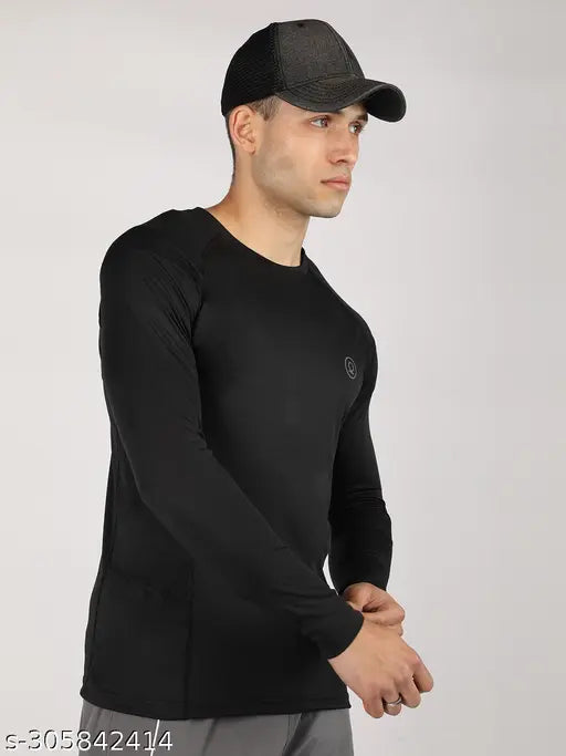 Chkokko men's solid black active t-shirt with long sleeves, 95% polyester, 5% elastane, double stitching at borders, moisture transport system. Size options: S, M, L, XL, XXL, XXXL (Indian origin)