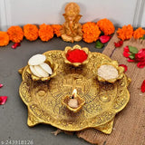 Gold badhi puja thali, candle holder tray, religious offering for puja and worship