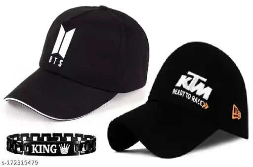 Stylish sporty Korean trend BTS embroidered baseball caps with black red embroidery and metal bracelet combo pack of 3 for men and boys, Indian-made fashion accessory set on display stand