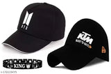 Stylish sporty Korean trend BTS embroidered baseball caps with black red embroidery and metal bracelet combo pack of 3 for men and boys, Indian-made fashion accessory set on display stand