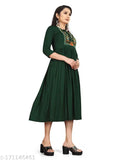 Green embroidered viscose rayon women's long-length dress with elbow length sleeves