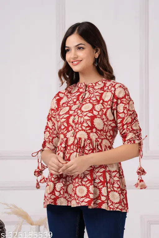 Maroon printed cotton designer top, three-quarter sleeves, Indian ethnic wear for women