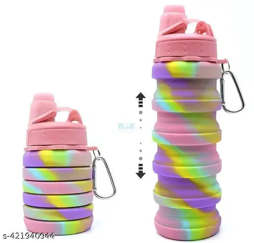 Multicolor silicone collapsible water bottle, 0.5L capacity, leak-proof, dishwasher safe, portable design with snap hook for easy carrying