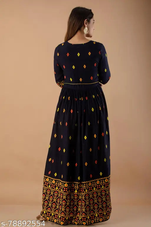 Black rayon printed Anarkali Kurta/Gown, three-quarter sleeves, flared silhouette for women, India-made traditional fashion wear