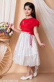 Red and silver chiffon multicolored party dress, below knee length, for 18 years little princess