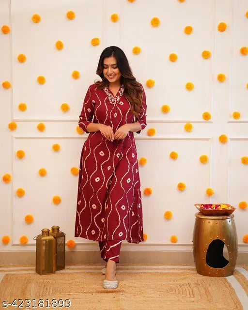 Hand Work Procin Printed Rayon Cord Set, rayon kurta with printed rayon bottomwear set, versatile for casual and formal occasions such as weddings, festivals or parties. Perfect for gifting: Makes an excellent gift for friends and family who appreciate traditional Indian wear. Country of Origin: India. (125 characters)