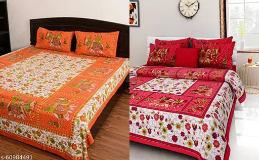 Soft, fade-resistant heritage cotton printed double bedsheet combo in ethnic motifs, ideal for summer adult use. Luxurious feel, long-lasting quality
