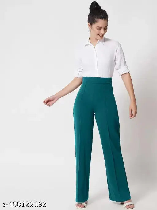 Ladies high waist bell bottom trousers, stretchy fabric, navy blue color