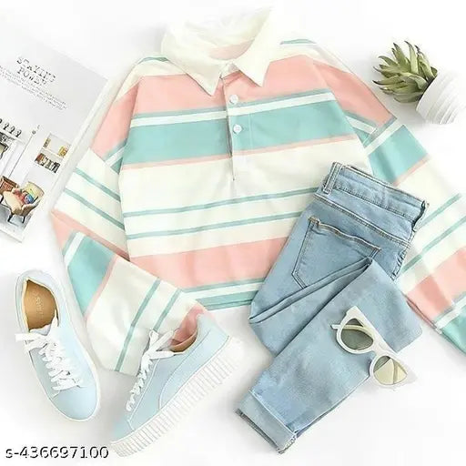Korean Pastel Perfection Striped LongSleeve Polo Collared T-shirt with ButtonUp Front, Lycra, cuffed sleeves, pastel pink, blue, white - India