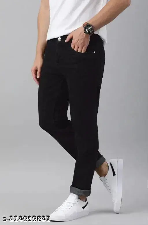 Black denim men's jeans with high-quality, comfortable fit, perfect for parties and regular use. Solid pattern, ideal for versatile outfits. Sizes: 34 (Waist 34in, Length 38in, Hip 35in). Made in India