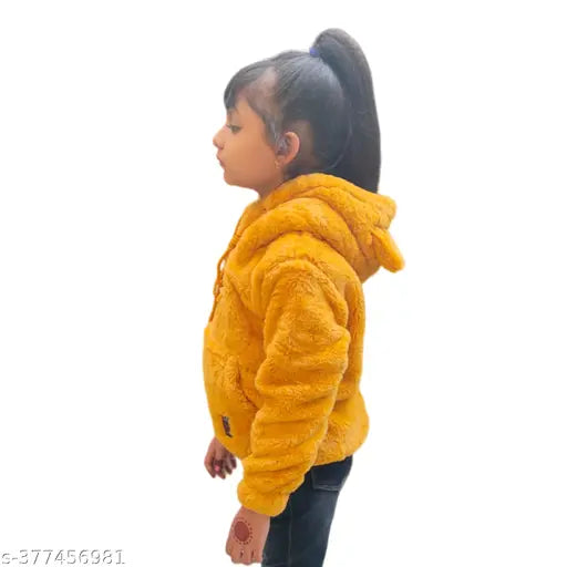 Pink faux fur hoodie, self-design kids' winter wear by KANIKA. Front pockets, long sleeves, and cozy graphic print