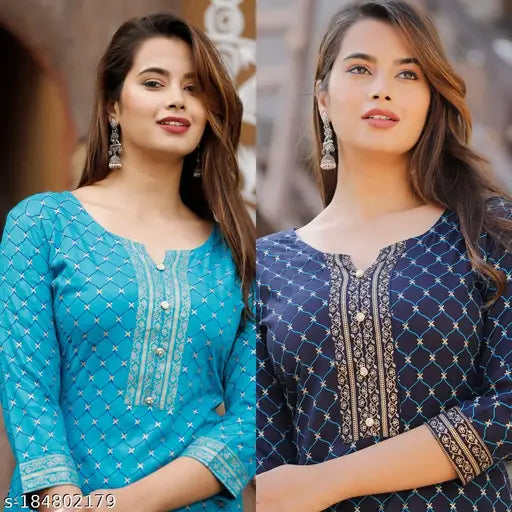 Rayon printed kurti kurta combo pack for formal and casual wear, three-quarter sleeve embroidered design, Indian fashion on display