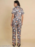 Grey panda print satin night suit for women, comfortable sleepwear with half sleeves, notch collar, and elastic waist, made from soft silk satin, country of origin: India