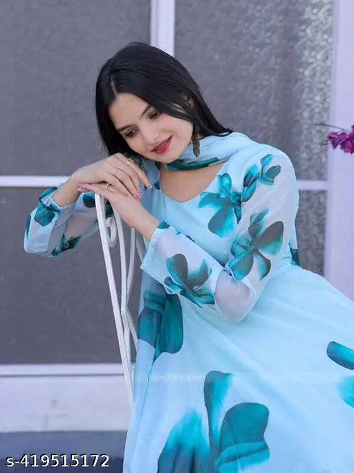 Classic modern georgette women's gown, flared anarkali style with long sleeves, printed net pattern, and available in S-XXL sizes
