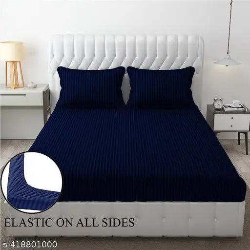 Premium royal blue satin stripe fitted bedsheet set - polycotton, stain-resistant, breathable, hypoallergenic. Ideal for summer. Set includes double bedsheet and 2 pillow covers